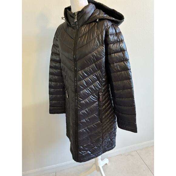 Black Puffer Down Winter Jacket Long Packable Quilted womens L Calvin Klein Y2K - Picture 11 of 16